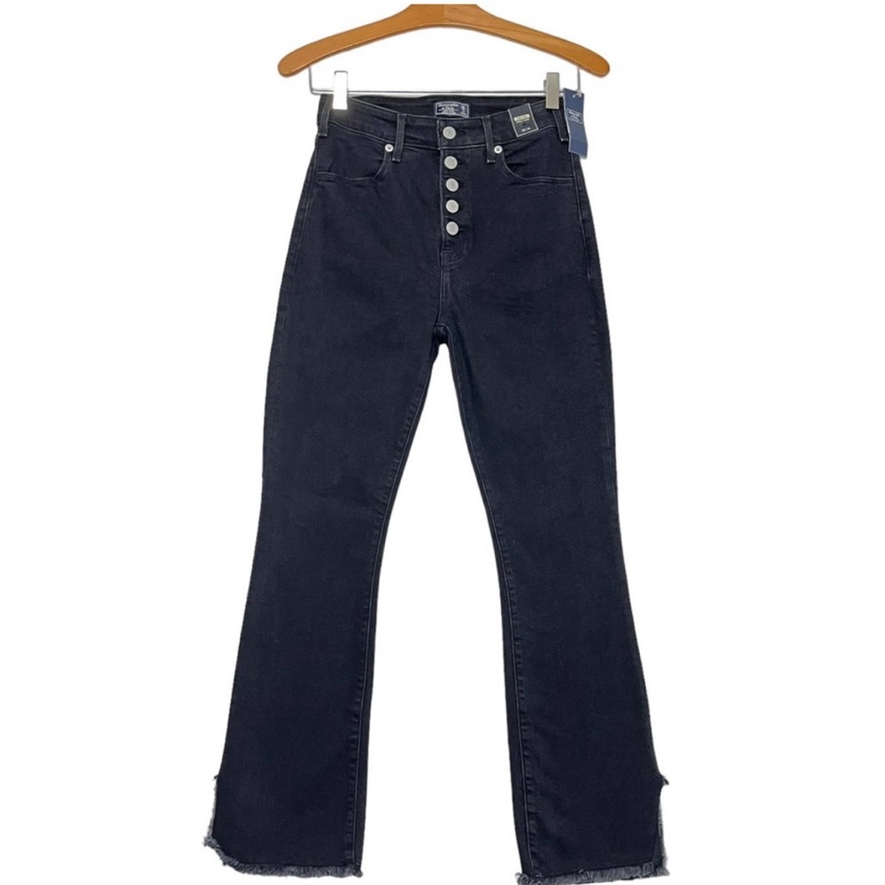 Abercrombie High Rise Ankle Flare Jeans Sz 26 Black Distressed Stretch Denim